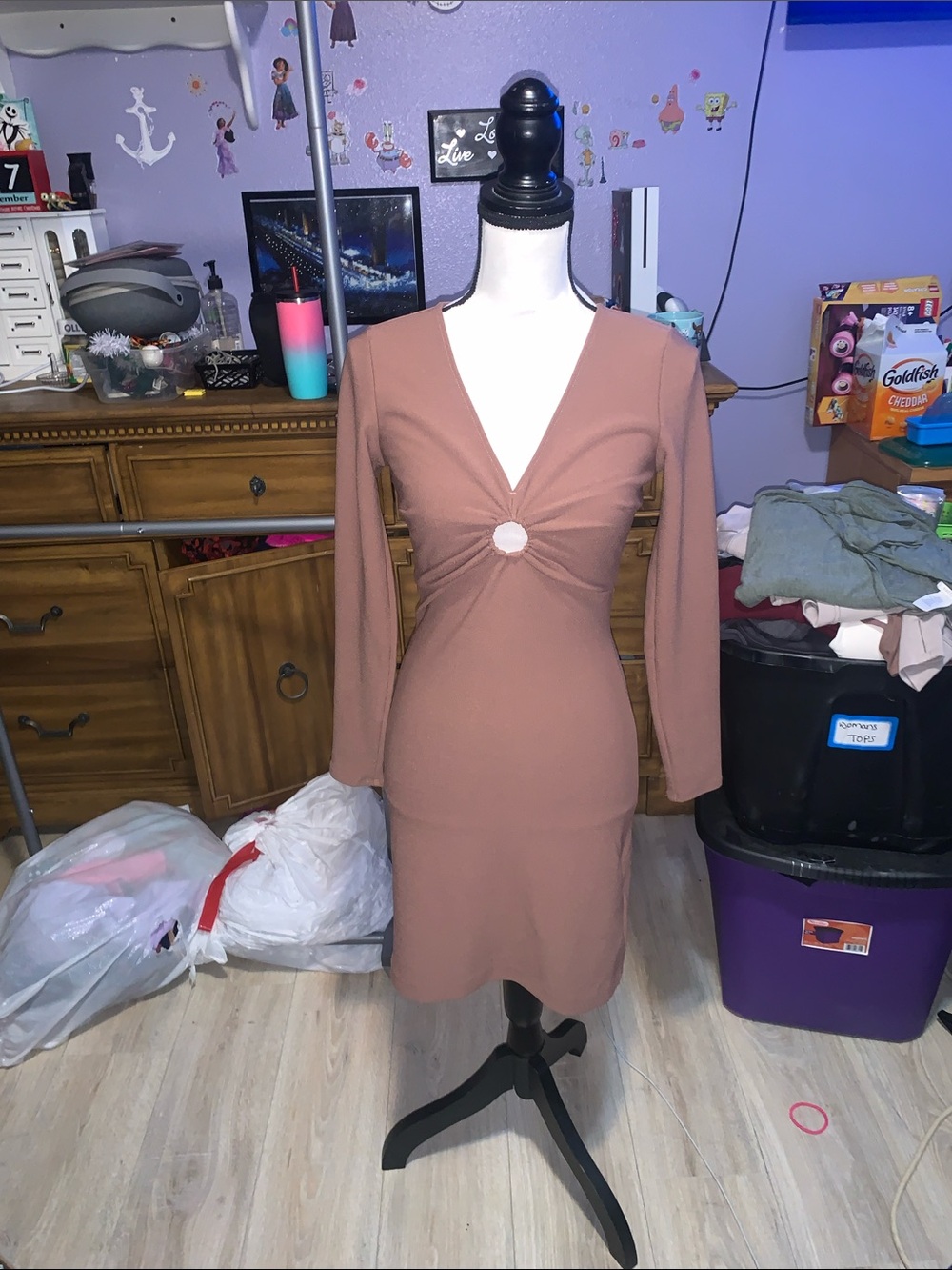 Abercrombie & Fitch Mauve Brown Long-Sleeve O-Ring Bodycon Mini Dress